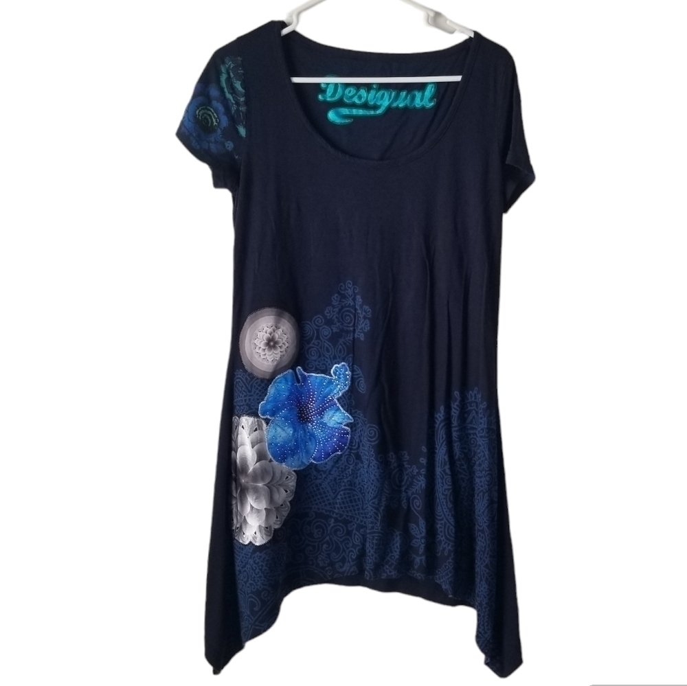 Desigual Asymmetrical Hem Blue Floral Sleeveless Tunic Dress Size M Studded